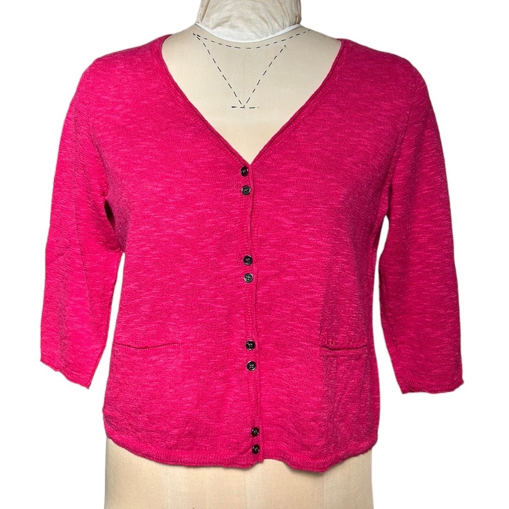 EILEEN FISHER Cardigan Sweater Linen Blend Marled Cropped 3/4 Sleeves Pink‎ L